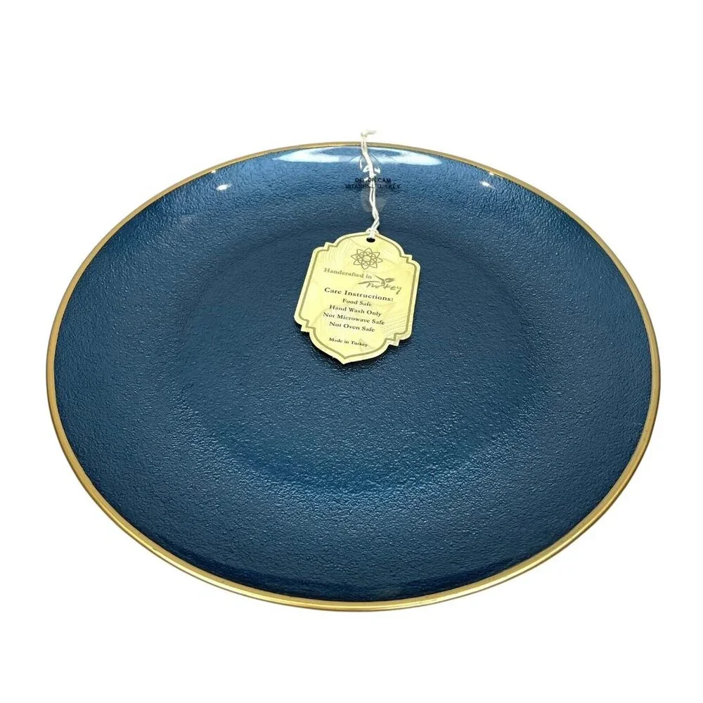 Turkish Glass 4 Entree Dinner Plates Set Blue Textured Gold Rim 11